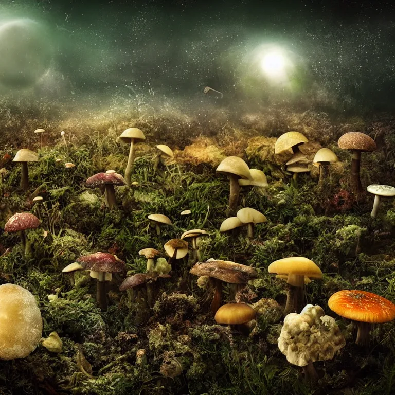 Image similar to a planet of various fungus, mushrooms and plants, inside the picture is infinity, Atmospheric phenomenon, artistic photography, muted colors, conceptual, long exposure outside the city, volumetric light