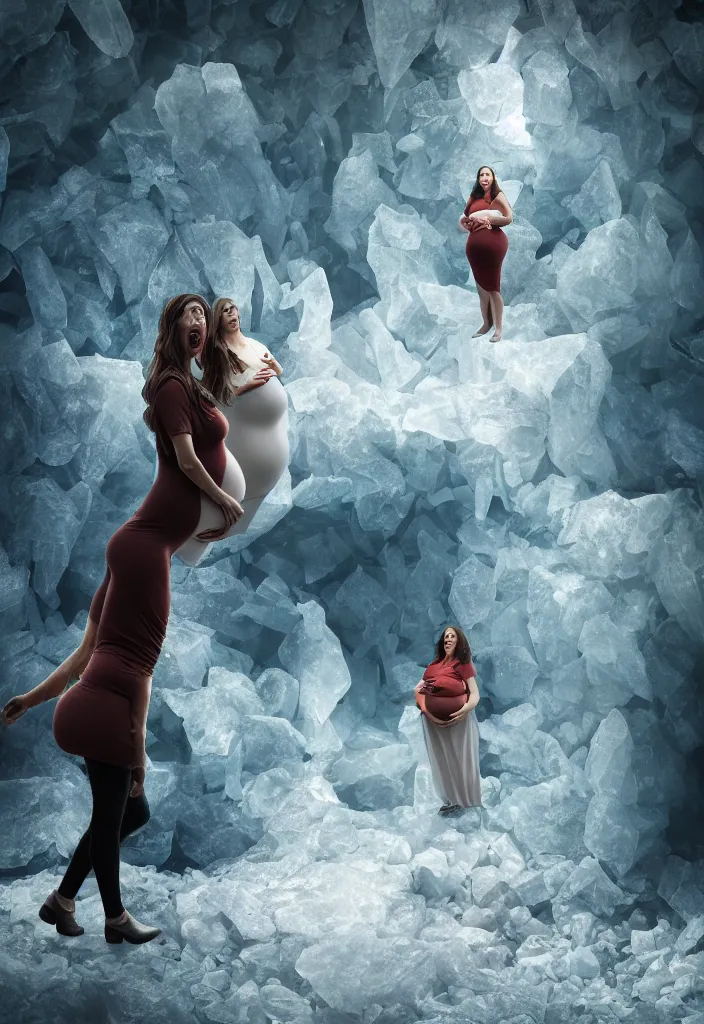 Image similar to pregnant woman making an epic speech, multiple people hearing the pregnant woman, ice cave, facinating, fantasy digital art, octane render, beautiful composition, trending on artstation, award - winning photograph, masterpiece