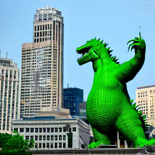 Image similar to madison wisconsin capital being attacked by huge green godzilla ( 1 9 8 9 ) eos 5 ds r, iso 1 0 0, f / 8, 1 / 1 2 5, 8 4 mm, postprocessed, bokeh )