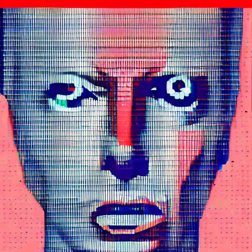 Prompt: David Bowie with red dots for eyes, album cover, vaporwave, glitch, cyberpunk, cyborg, highly detailed.