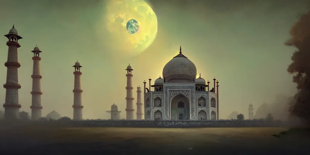 Image similar to The Taj Mahal with the moonlight, extremely detailed digital painting, in the style of Fenghua Zhong and Ruan Jia and jeremy lipking and Peter Mohrbacher, mystical colors, rim light, beautiful Lighting, 8k, stunning scene, raytracing, octane, trending on artstation