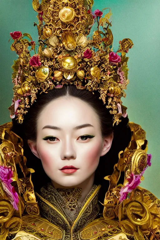 Image similar to a beautiful empress portrait, with a brilliant, impossible striking big salad headpiece, clothes entirely made out of salad, symmetrical, dramatic studio lighting, rococo, baroque, greens, asian, hyperrealism, closeup, D&D, fantasy, intricate, elegant, highly detailed, digital painting, artstation, octane render, 8k, concept art, matte, sharp focus, illustration, art by Artgerm and Greg Rutkowski and Alphonse Mucha