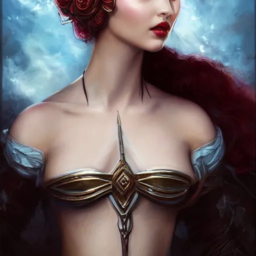 Prompt: tom bagshaw, very beautiful genetic mix of dove cameron madison beer bella poarch in a gorgeous magician armor, ornaments, gothic makeup, professionally retouched, focus eyes, ultra realistic soft painting, insanely detailed linework, partial symmetrical accurate intricate features, behance artstation, 8 k