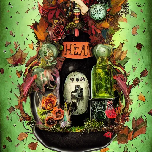 Image similar to Hell and heaven, captured in bottles, a heart full of envy, The Autumn Plague Gardener, the theme of Alice in Wonderland, digital painting, its softness partakes of fluidity, illustration, deep dark, artstation, intricate, biodiversity in a world of change and constancy, ue5, by deiv calviz and bossmonsterbani