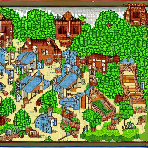 Prompt: an elven village near a river, hyperdetailed, pixel art