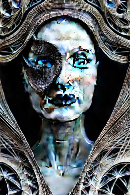 Image similar to portrait of a young beautiful woman with a mask. speed painting, fractal, mandelbulb. black and white, black on black. intricate, elegant, super highly detailed, professional digital painting, smooth, extreme illustration, Unreal Engine 5, Photorealism, HD quality, 8k resolution, 3D, beautiful, cinematic, art. art deco, art nouveau.