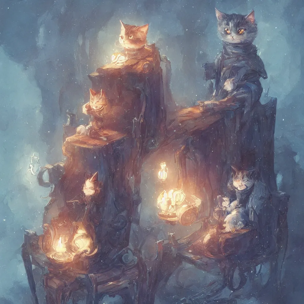 Image similar to anime cat with cloak sitting on a magical wood carved chair, super powers, glowing tiny blue lines, concept art, by greg rutkowski, overdetailed art