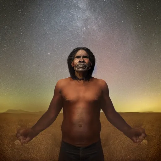 Image similar to aboriginal man at night, portrait, photorealistic, 8k, galaxies in the sky