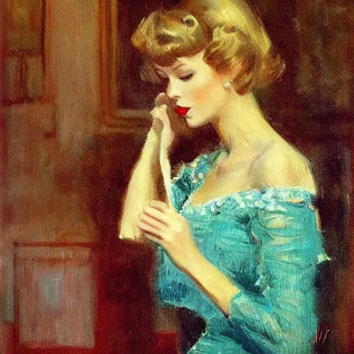 Prompt: Taylor Swift kissing her reflection, 1950s, modest, elegant clothing, tiara, mild impressionism, award winning, by Ilya Repin