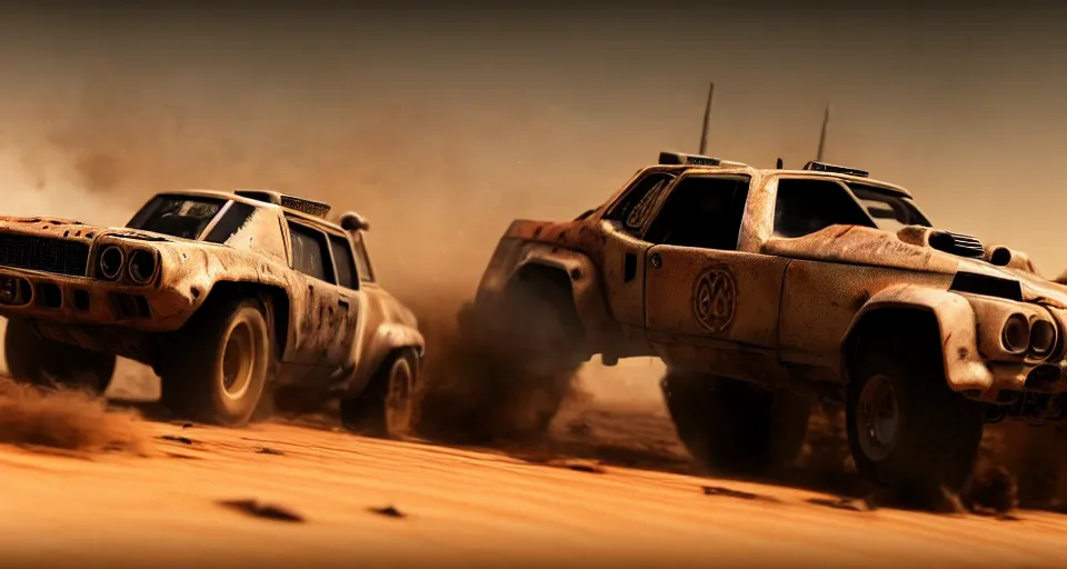 Image similar to macro closeup photo of combat teslatruck being chased in a post apocalyptic fallout 4 desert, 3 pm, smoke, dust, embers, mad max, action, speed, rocket league, volumetric lighting, hdr, need for speed, gta 5, ridley scott, syd mead, craig mullins, cinematic, fast and furious, blade runner, octane, 8 k