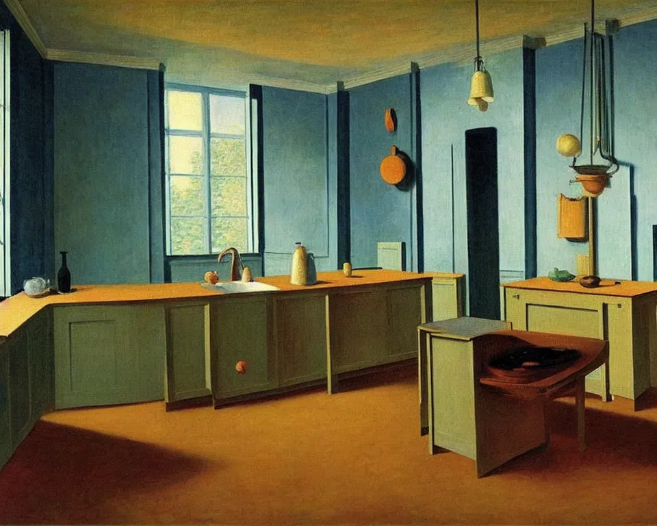 Image similar to achingly beautiful painting of a sophisticated, well - decorated, modern kitchen by rene magritte, monet, and turner.