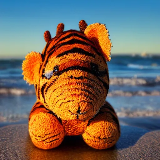 Prompt: a closeup photorealistic photograph of a knitted tiger hippopotamus plush toy riding an epic wave during sunset. surf in the background. professional capture. brightly lit scene. this 4 k hd image is trending on artstation, featured on behance, well - rendered, extra crisp, features intricate detail, epic composition and the style of unreal engine.