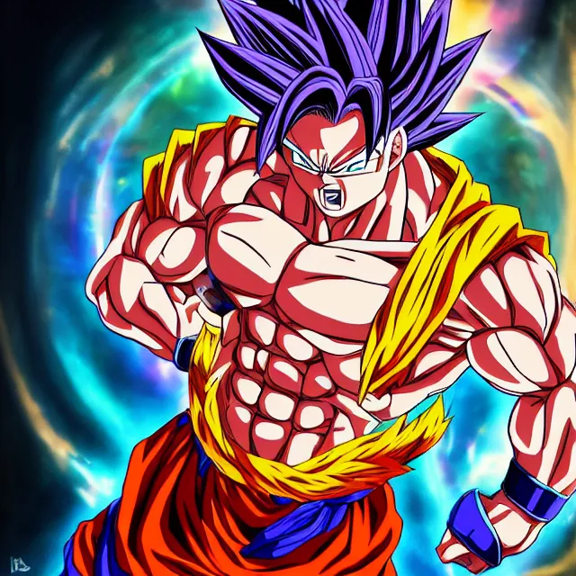 Image similar to muscular anime man powers up going super saiyan in the hyperbolic time chamber, ultrafine hyperrealistic detailed face illustration by kim jung gi, irakli nadar, intricate linework, sharp focus, bright colors, matte, octopath traveler, final fantasy, unreal engine highly rendered, global illumination, radiant light, intricate rainbow environment
