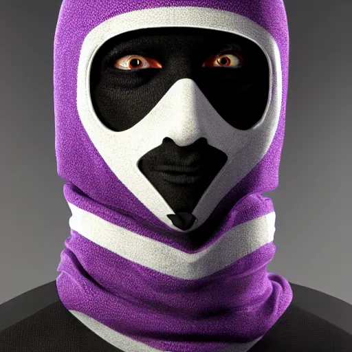 Image similar to ultra realistic illustration, man in a black hood, in a striped purple balaclava, mysterious, highly detailed, octane render, artstation, concept art, smooth, sharp focus, unreal engine 5