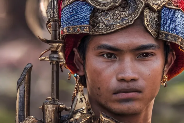 Image similar to close - up photo of a beautiful khmer warrior prince in a battle scene, detailed eyes, shallow depth of field, photorealistic, cinematic lighting, lovely bokeh, warm colours, dusk