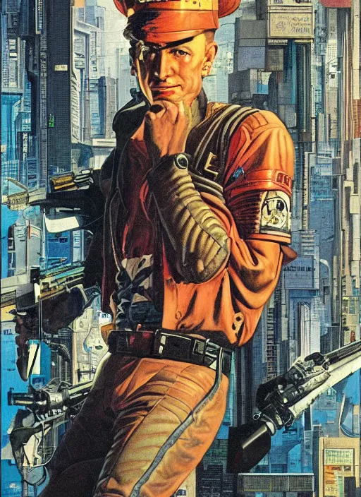 Image similar to cyberpunk cop. portrait by clyde caldwell and jean giraud and anton otto fischer and john philip falter and will eisner and gil elvgren