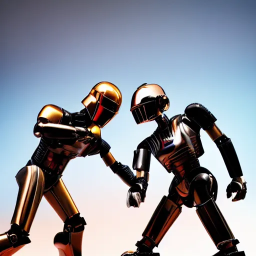 Prompt: daft punk droids fighting each other, hd, 8 k, natural lights, 5 5 mm