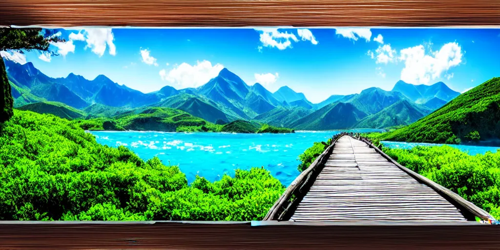 Image similar to dream, photo realism, beautiful nature, sunny day, sunshine lighting high mountains, which are higher than white fluffy clouds with green trees on top, a small wooden bridge connecting two mountains, ocean beneath the mountains with clear blue water, whales jumping and showing from the waves, cinematic, 8k, highly detailed