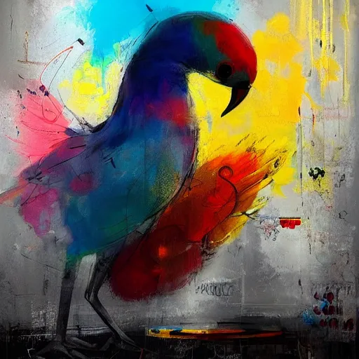 Image similar to A beautiful street art of a large, colorful bird with a long, sweeping tail. The bird is surrounded by swirling lines and geometric shapes in a variety of colors by Jeremy Mann playful, doom