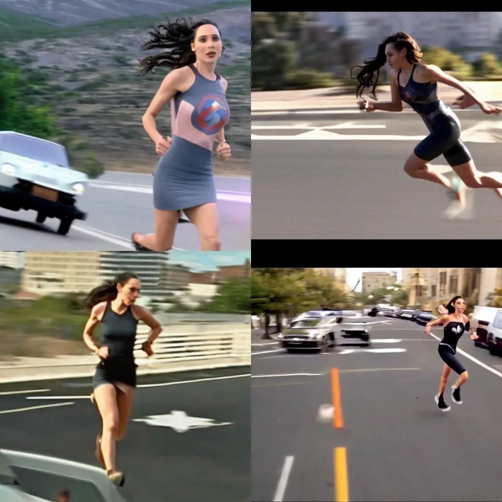 Prompt: dash cam screenshot of gal gadot running from the cops motion blur helicopter view