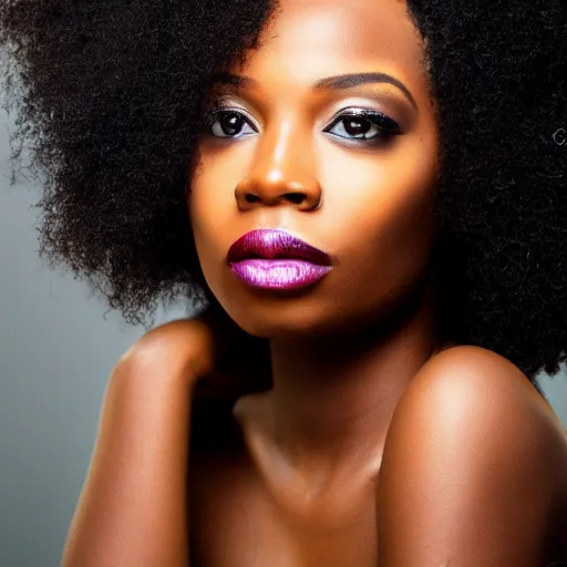Image similar to Photo of a African woman ,bold, self confidence, cinematic, light makeup focus