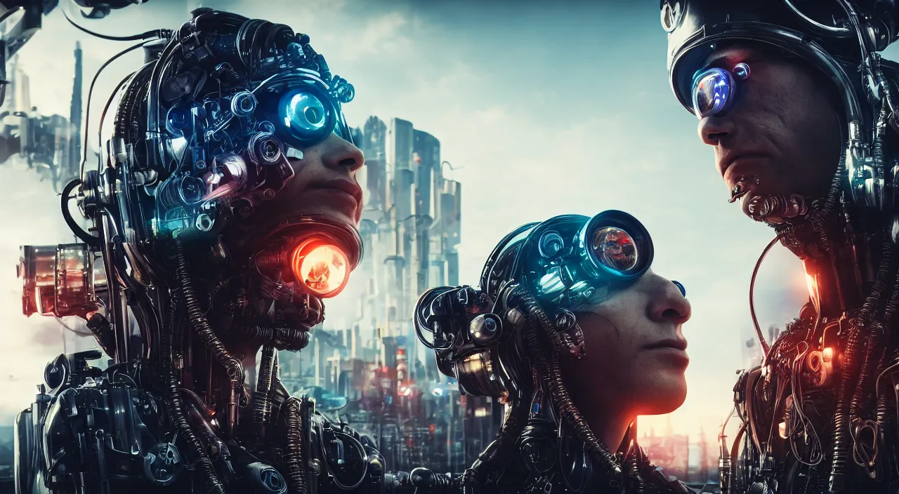 Prompt: Fish eye lens way too close to the cyborg man's face, cyberpunk background with steampunk vehicles. Cinematic, Award winning, ultra high resolution, intricate details, rendered with unreal engine, UHD 8K