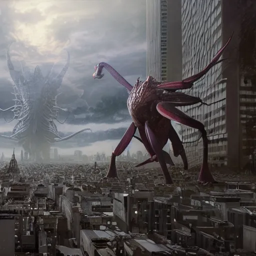 Image similar to a kaiju praying mantis attacking Tokyo, concept art, matte painting, 4k , clean post process, film still, style by raphael lacoste, eddie mendoza, alex ross