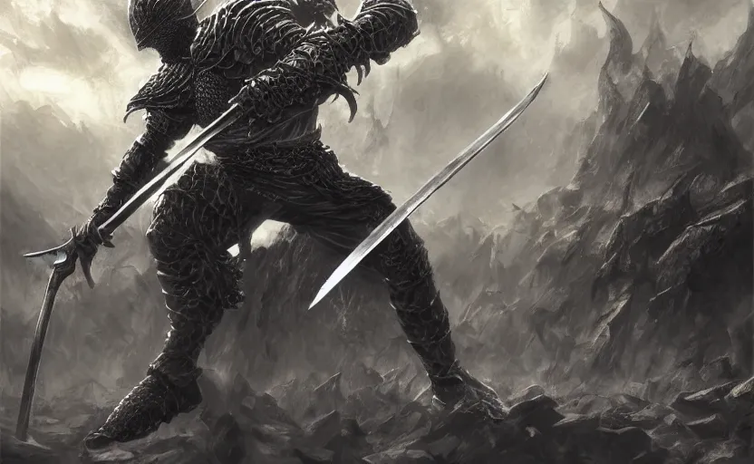 Prompt: a knight with a large sword, advanced lighting technology, digital painting masterpiece by kentaro miura and frank frazetta, hyper detailed, realism, gorgeous, beautiful, 4 k manga wallpaper, inspired by berserk, elden ring concept art