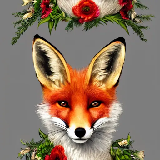 Prompt: portrait of a fox wearing a tiara wreath flowers, fantasy art, d & d, trending on artstation, beautiful art, highly detailed