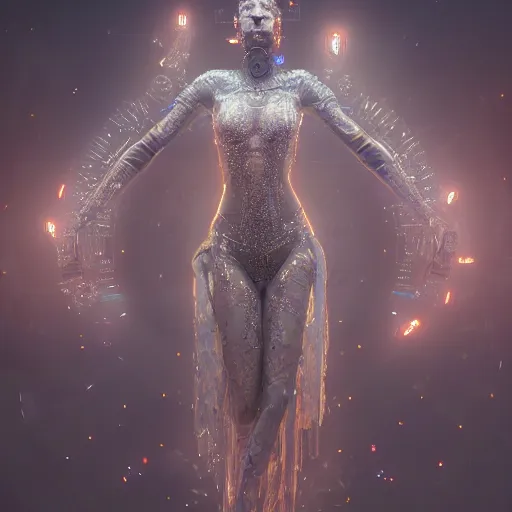 Prompt: full body detailed, ethereal, futuristic, covered in sparkling gems glowing, translucent accesories, weird tape on body, highly detailed face, elegant seducing pose, intricate, extremy detailed, beeple, cushart krenz, cgsociety, 3 d unreal engine octane render. cinematic lighting, highly detailed 4 k art