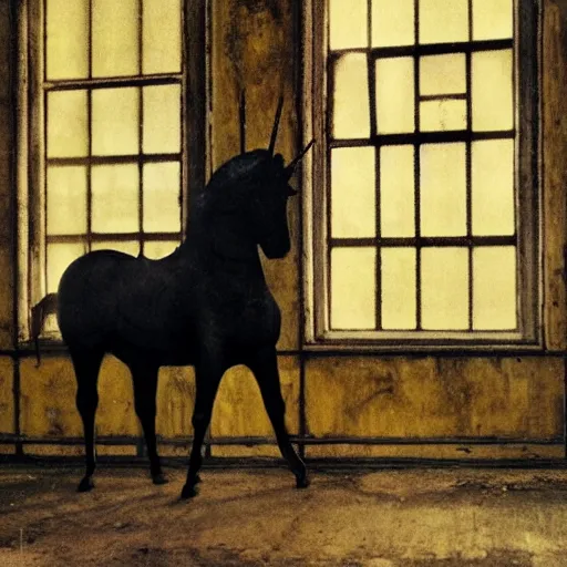 Prompt: a black unicorn in a soviet abandoned building, film still by david lynch, depicted by balthus, limited color palette, very intricate, art nouveau, highly detailed, lights by hopper, soft pastel colors, minimalist