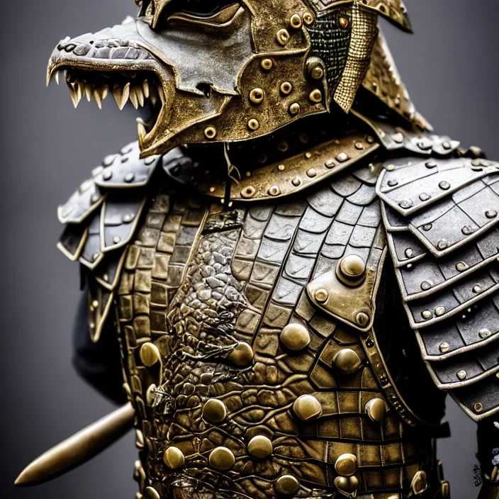 Prompt: photograph of a warrior with crocodile themed armour. extremely detailed. dslr. 8 5 mm.