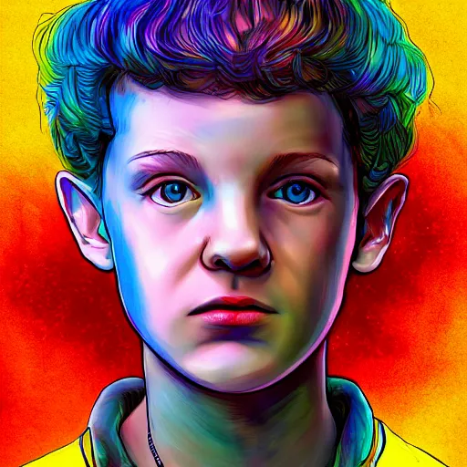 Prompt: a portrait of Eleven from Stranger things by Jones Android ,detailed ,colorful digital, fantasy ,psychedelic ,vibrant