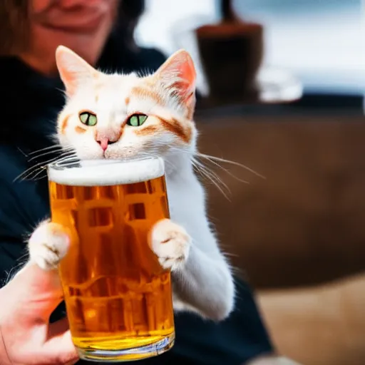 Image similar to a cat is holding a beer