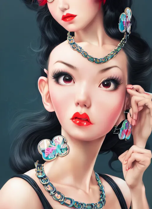 Image similar to a pin up and beautiful fashion dreamlke japan girl with lv jewelry, character art, art by artgerm, wlop, loish, hyperdetailed, 8 k realistic, symmetrical, global illumination, radiant light, frostbite 3 engine, cryengine, dof, trending on artstation, digital art, chanel, dior, detailed background