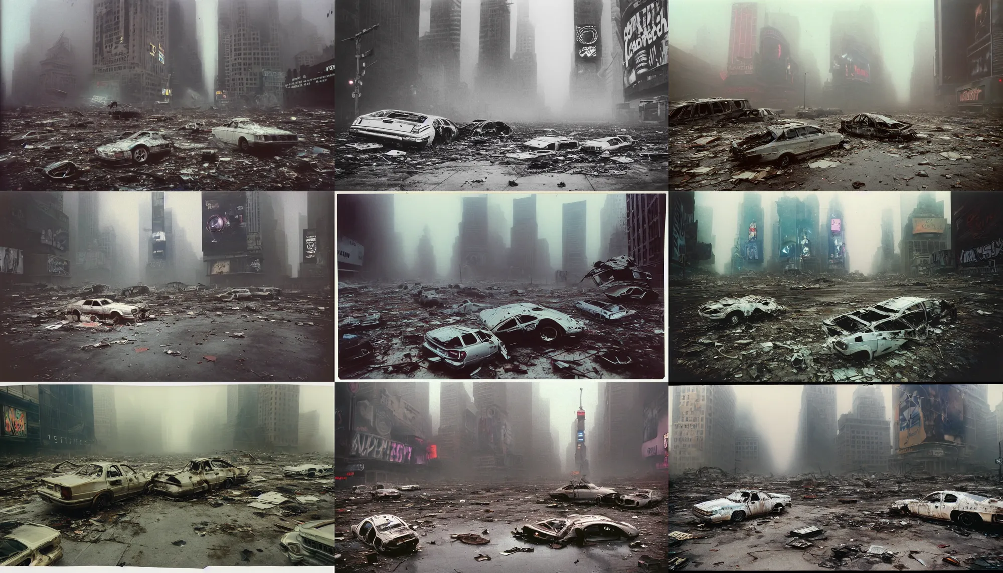 Prompt: faded photographs of octopus wearing white spacesuit in postapocalyptic abandoned destroyed times square, wrecked buildings, destroyed flipped wrecked cars, underwater polaroid photo, vintage, foggy, 1 9 8 5, neutral colors, rainy day, color photo by gregory crewdson