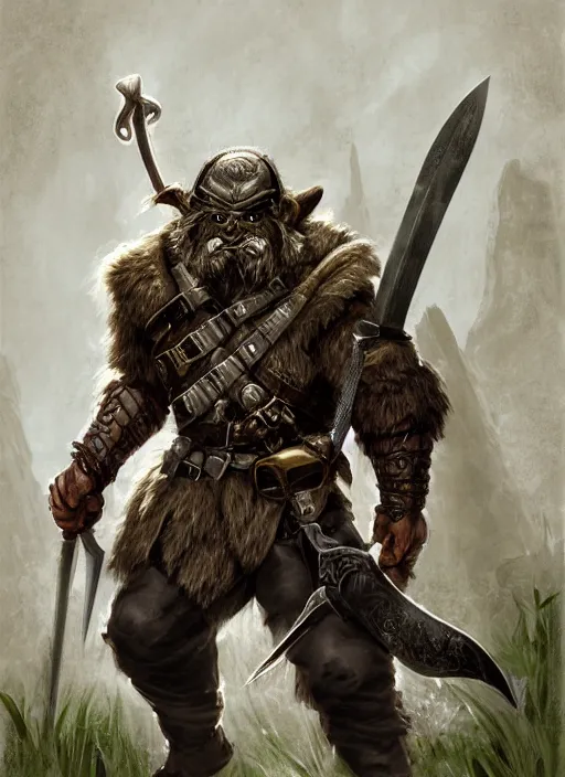 Image similar to strong young man, photorealistic bugbear ranger holding aflaming sword, black beard, dungeons and dragons, pathfinder, roleplaying game art, hunters gear, jeweled ornate leather and steel armour, concept art, character design on white background, by alan lee, norman rockwell, makoto shinkai, kim jung giu, poster art, game art