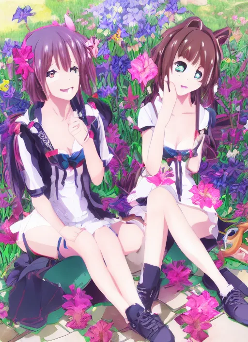 Image similar to two anime girls sitting next to each other, a detailed drawing by pu hua, trending on pixiv, synchromism, official art, made of flowers, anime aesthetic