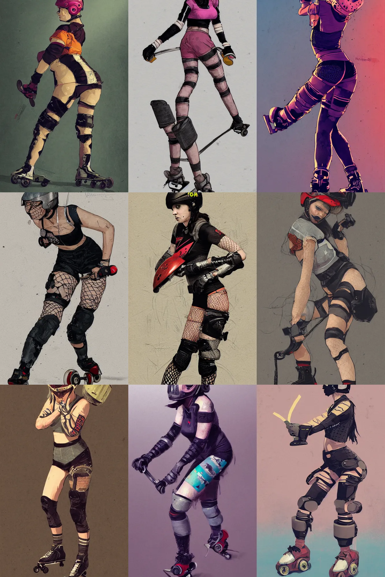 Prompt: roller derby girl doing Cross-Over, wearing skate helmet, knee pads, elbow pads, full length portrait, torn fishnet tights, illustration by greg rutkowski, minmalist, flat colour