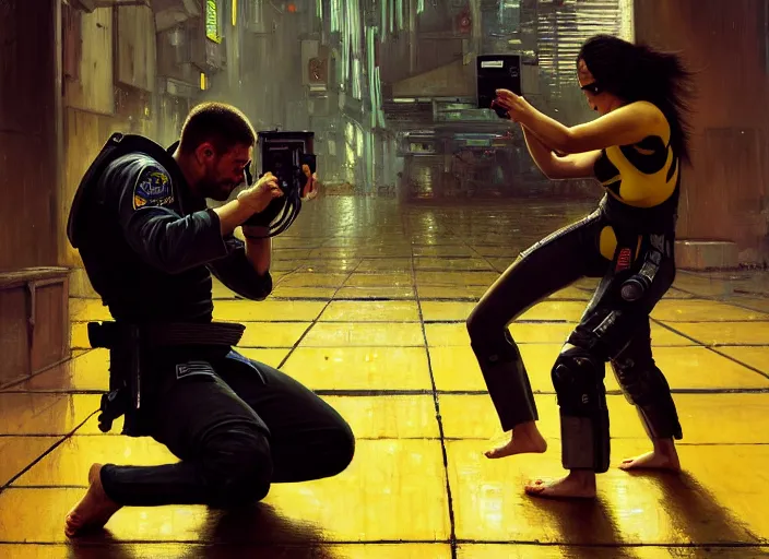 Image similar to jujitsu Maria defeats sgt Nash. Cyberpunk hacker wearing yellow fighting menacing police troopers (blade runner 2049, cyberpunk 2077). armbar. Orientalist portrait by john william waterhouse and James Gurney and Theodore Ralli and Nasreddine Dinet, oil on canvas. Cinematic, hyper realism, realistic proportions, dramatic lighting, high detail 4k