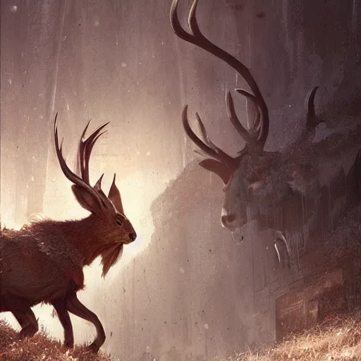 Prompt: a jackalope, jackrabbit with the antlers of a deer bigger than a building. Menacing. Soulless eyes. By Greg Rutkowski. By Marc Simonetti. C. M. Kosemen