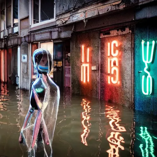 Image similar to a humanoid robot wearing a torn transparent plastic cloak walking the flooded streets of an abandoned futuristic city with neon signs,