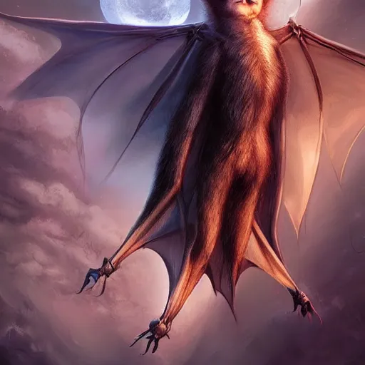 Prompt: manbat with huge wings flies, moonlit night, fantasy, wide angle, 8 k, high definition, insanely detailed, intricate, elegant,, professionally retouched, soft lighting, art by artgerm and wlop