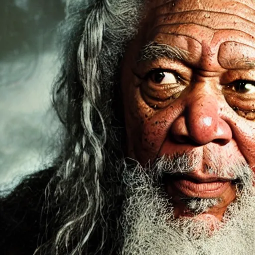 Image similar to Morgan Freeman as Gandalf the Grey, still from Lord of the Rings movie, detailed, 4k