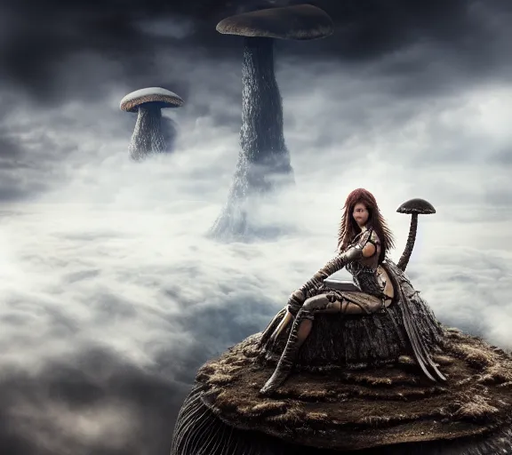 Image similar to a portrait of an armored female warrior sitting on the edge of a giant mushroom that covers a whole town and reaches above the clouds by luis royo. intricate. lifelike. soft light. sony a 7 r iv 5 5 mm. cinematic post - processing