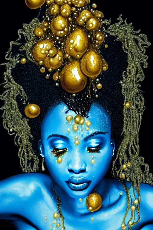 Image similar to hyperrealistic post rococo cinematic very expressive! black oshun goddess, in water up to her shoulders, translucent dripping droplet!, gold flowers, highly detailed face, digital art masterpiece, smooth eric zener cam de leon dramatic pearlescent blue back lighting, low angle uhd 8 k, sharp focus