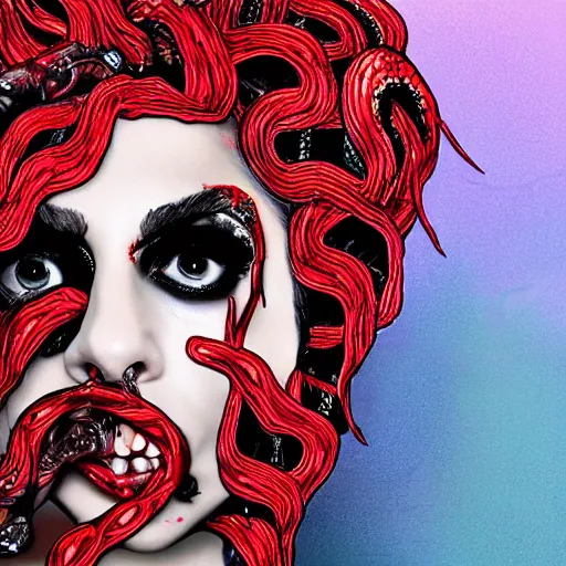 Prompt: lady gaga crying blood with snakes entering her mouth, in the art style of American horror story,