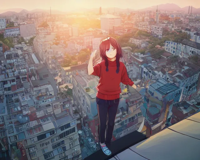 Image similar to teen standing on the roof of a building, sunset, bird eye view, fisheye view, illustration, by pine ( ハイネ ) and 薯 子 imoko and 香 川 悠 作 and wlop and maya takamura, highly detailed, trending artstation, pixiv, digital art