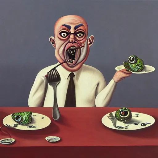 Prompt: a surrealist painting of a grumpy man eating a plate of eyeballs with a fork