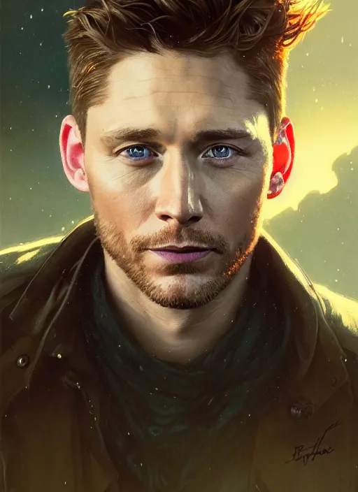 Image similar to Highly detailed portrait of Jensen Ackles mixed with Tom Hiddleston, Stephen Bliss, unreal engine, fantasy art by Greg Rutkowski, Loish, Rhads, ferdinand knab, Makoto Shinkai and Lois van baarle, ilya kuvshinov, rossdraws, Tom Bagshaw, alphonse mucha, global illumination, radiant light, detailed and intricate environment